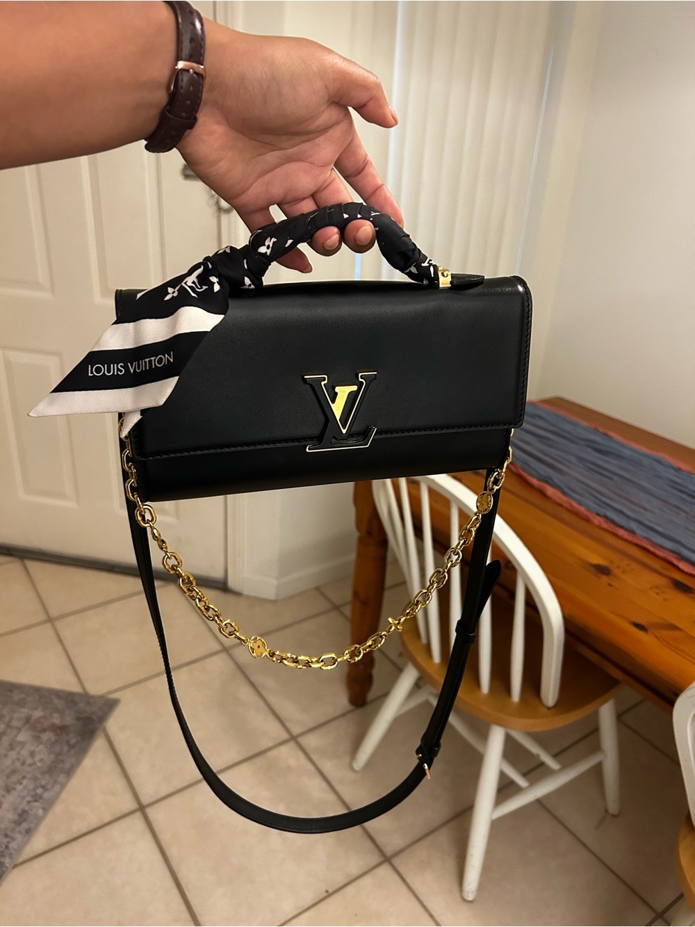 Louis Vuitton Black Leather Twist Chain Wallet-On-Chain